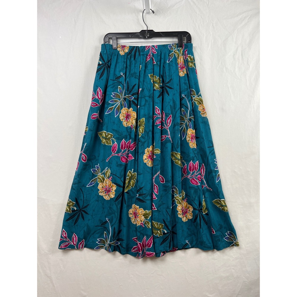 Vtg Alfred Dunner Midi Skirt Womens 16 Tropical Floral Elastic Waist Pockets